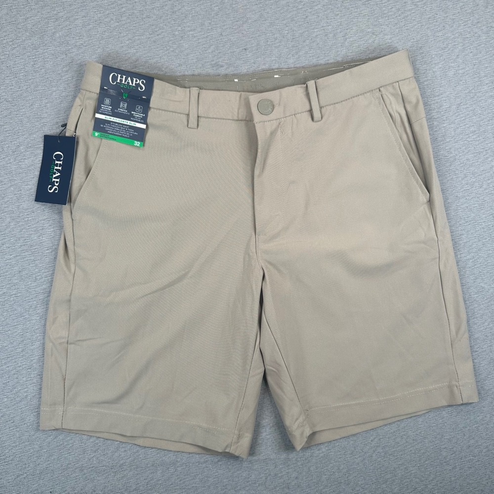 Chaps Golf Shorts Mens 32 Slim Fit Khaki Tan Performance Moisture Wicking NWT